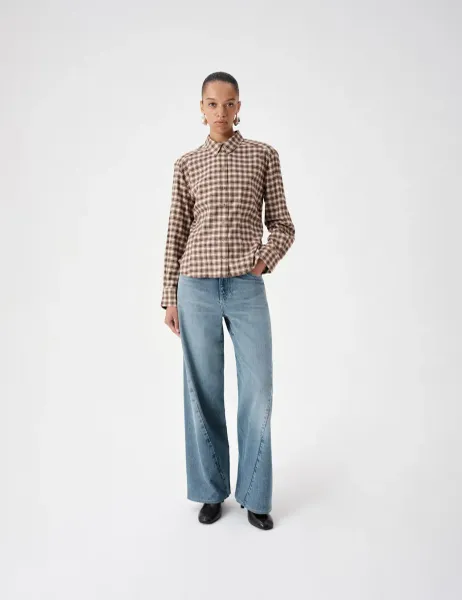 Marks & Spencer Cotton Blend Check Tie Neck Fitted Shirt Brown Mix