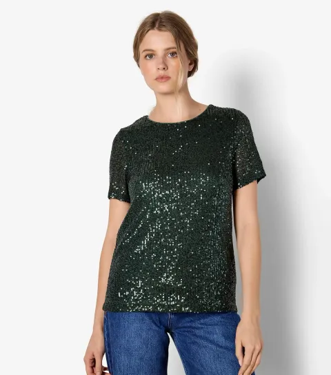 Women's Dark Green Sequinned T-Shirt