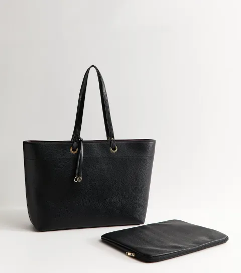 Black Faux Leather Logo Charm Laptop Case Tote Bag