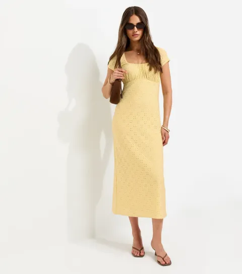Women's Light Yellow Broderie Anglaise Jersey Milkmaid Midi Dress