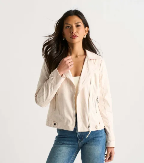 Women's Oatmeal Woven Biker Jacket