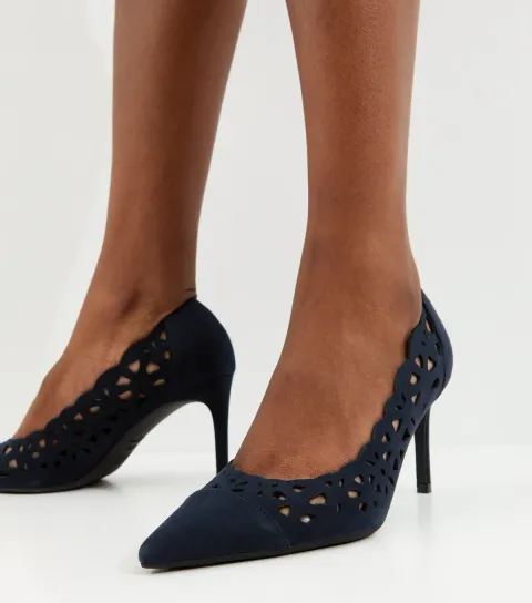 New Look Women's Navy Faux Suede Laser Cut Court Shoes Vegan