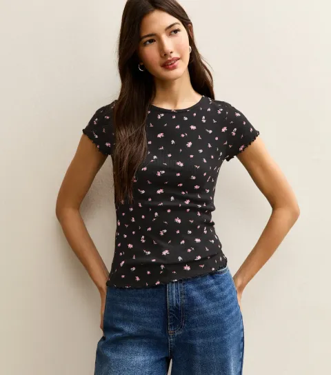Women's Black Floral Print Short Sleeve Ribbed Jersey Top
