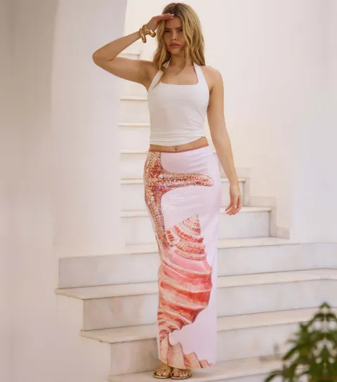 Women's Light Pink Sequinned Seashell Maxi Skirt