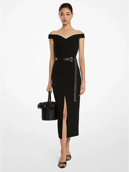 Stretch Bouclé Crepe Off-The-Shoulder Sheath Dress