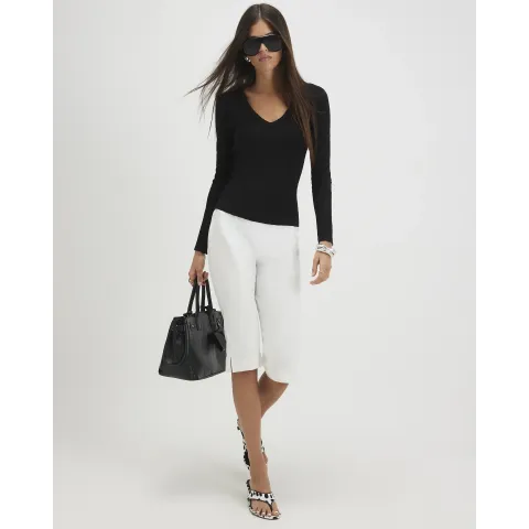 River Island Long Sleeve Rib V Neck Baby Tee T-Shirt