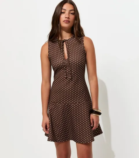 Women's Brown Spot Print Keyhole Drop Waist Mini Dress