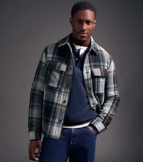 New Look Men's Blue Plaid Front Pocket Padded Shacket