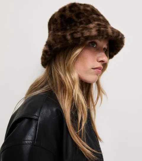 New Look Brown Leopard Print Faux Fur Bucket Hat