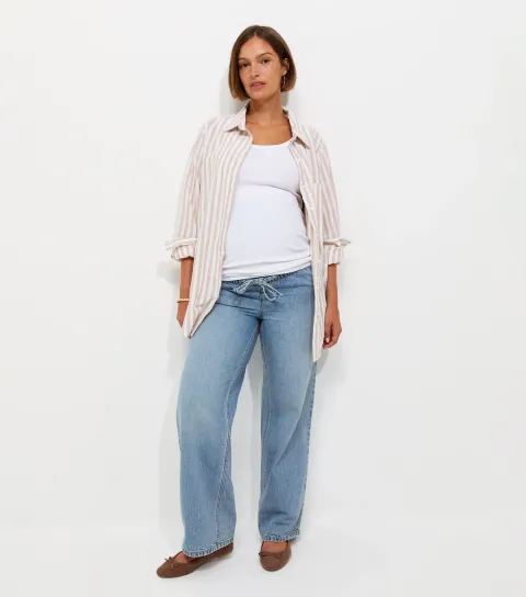 Women's Maternity Light Blue Wide Leg Drawstring Waist Jeans