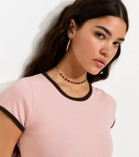 Women's Pink Contrast Trim Baby Tee T-Shirt