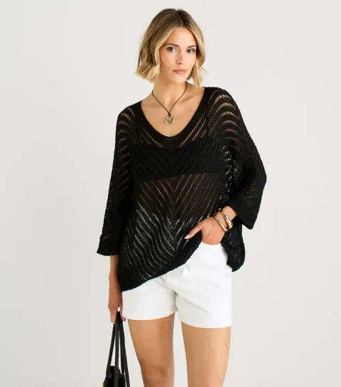 Women's Black Crochet V-Neck Top