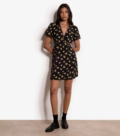 Women's Black Floral V-Neck Dress