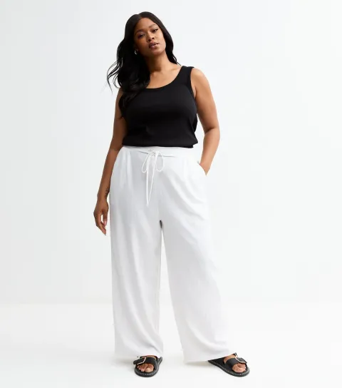 Women's Plus Size White Linen Blend Wide Leg Trousers Curves