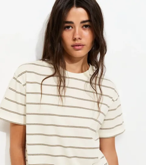 Women's Cream Cotton Striped Short Sleeve T-Shirt