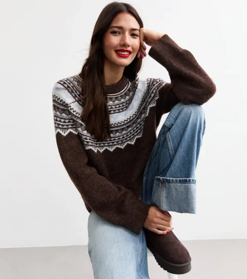 Women's Brown Sparkle Fairisle Yoke Jumper