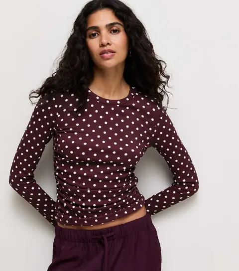 Women's Dark Burgundy Polka Dot Long Sleeve Top