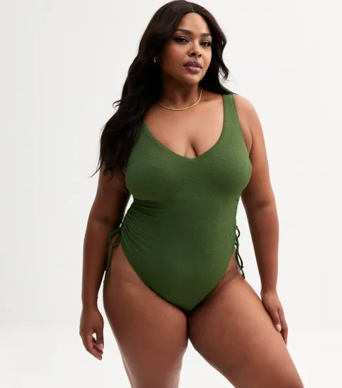 Women's Plus Size Khaki Textured Ruched Side Swimsuit Curves