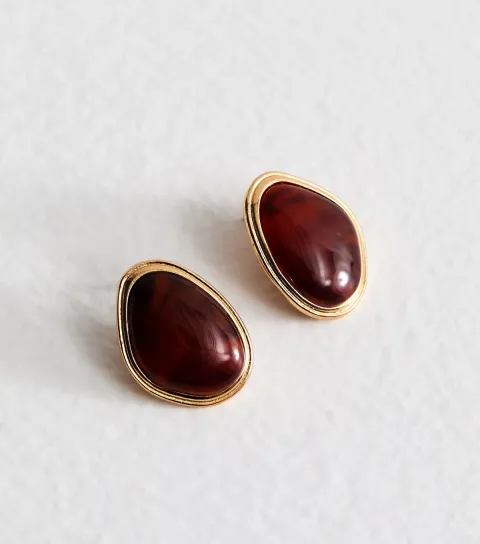 Gold Tone Brown Faux Stone Sculptural Earrings