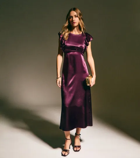 New Look Women's Dark Burgundy Satin Ruffled Sleeve Midi Dress