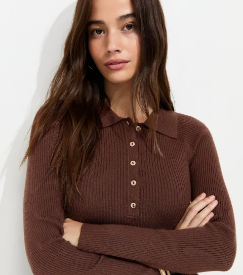 Women's Dark Brown Lightweight Ribbed Polo Top