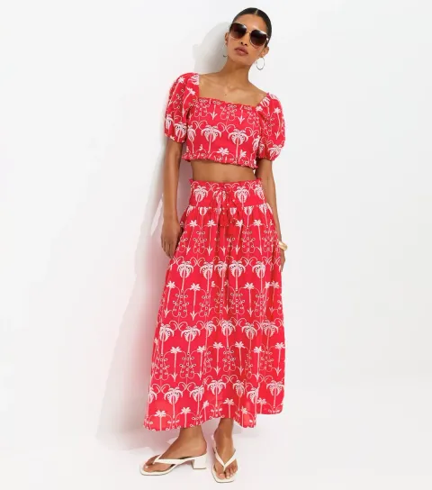 Women's Red Cotton Broderie Palm Tree Scallop Edge Midi Skirt