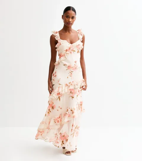 Women's Cream Vintage Floral Print Chiffon Maxi Dress