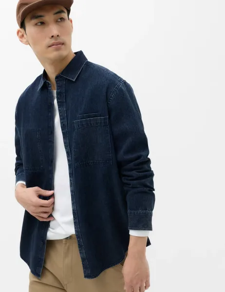 Marks & Spencer Regular Fit Pure Cotton Denim Stripe Shirt Dark Blue