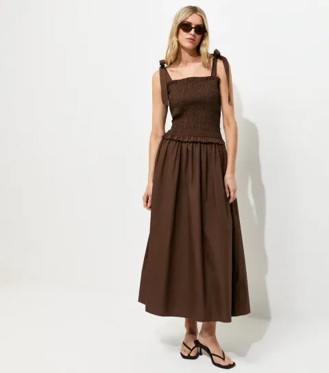 Women's Tall Dark Brown Shirred Tie Strap Midi Dress