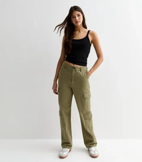 Women's Khaki Denim Straight Leg Cargo Trousers