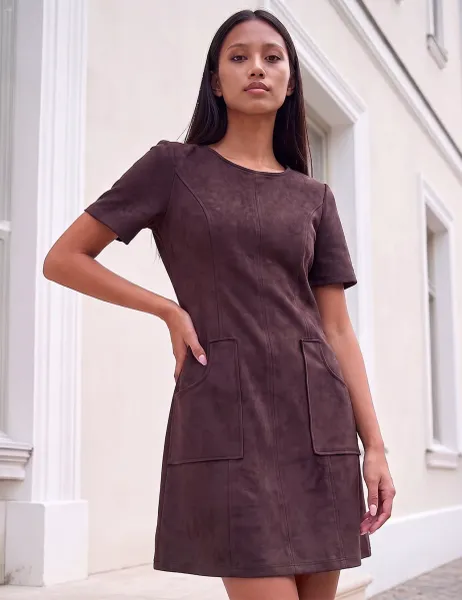 Roman Petite Faux Suede Stitched Skater Dress Brown Mix