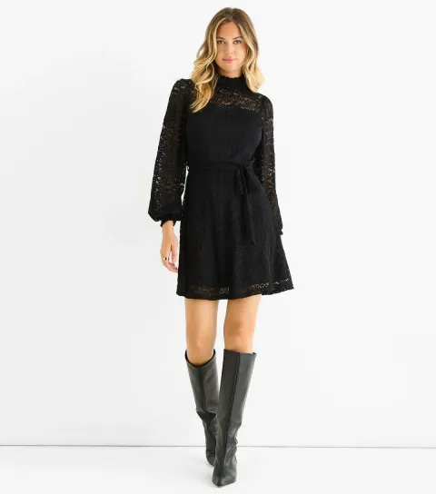 Women's Black Lace High Neck Mini Dress