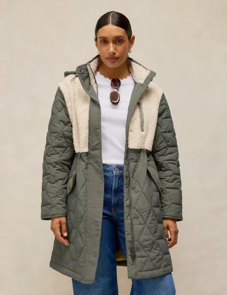 White Stuff Borg Quilted Hooded Multiway Puffer Jacket Khaki