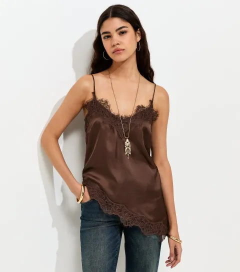 Women's Dark Brown Satin Asymmetric Lace Hem Cami Top