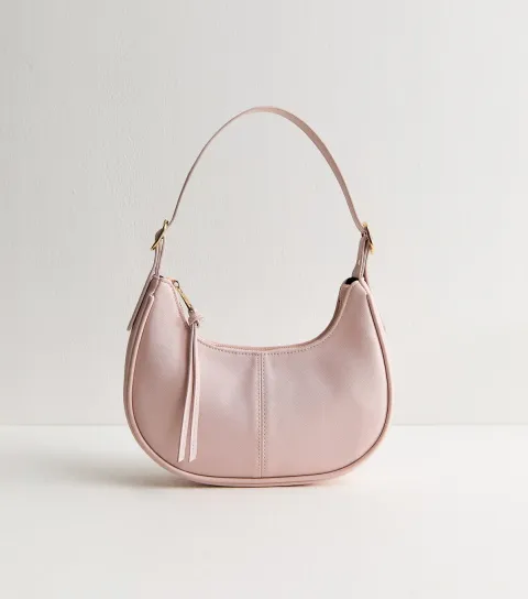 Light Pink Grained Faux Leather Oval Buckle Shoulder Bag Vegan