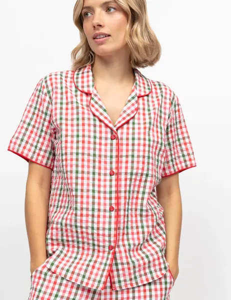 Cyberjammies Pure Cotton Checked Pyjama Top Red Mix