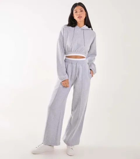 Women's Grey Contrast Waist Wide Leg Joggers