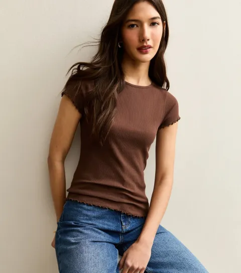 New Look Women's Dark Brown Short Sleeve Frilly Trimmed Top