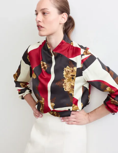 Jaeger Floral High Neck Button Detail Blouse Red Mix