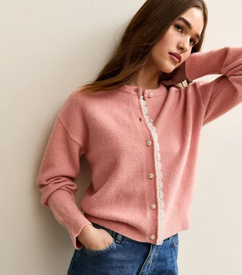 Women's Pink Lace Trim Crew Neck Cardigan