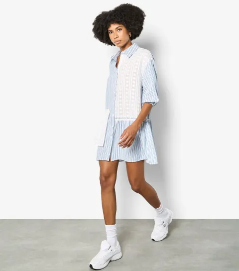 Women's Blue Embroidered Stripe Patchwork Dress
