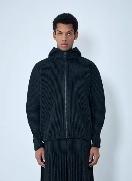 Pleated Zip-Up Hooded Sweater