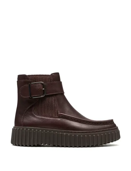 Clarks Leather Buckle Flatform Ankle Boots Brown