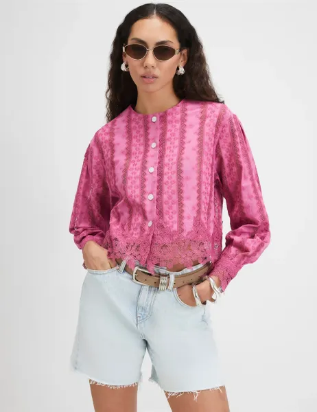 River Island Cotton Blend Lace Trim Button Through Blouse Pink
