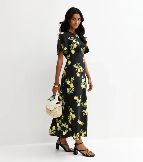 Women's Black Lemon Print Flutter Sleeve Midi Dress