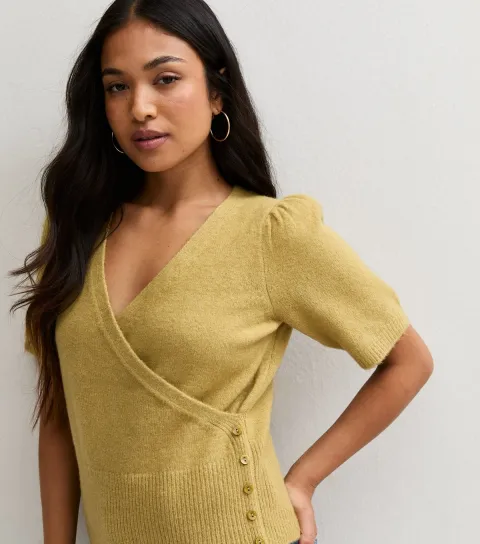 New Look Women's Petite Green Button Detail Short Sleeve Wrap Effect Jumper