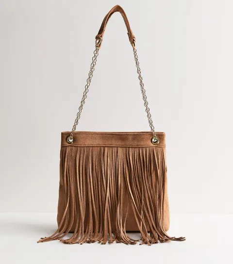 Tan Faux Suede Fringed Chain Shoulder Bag
