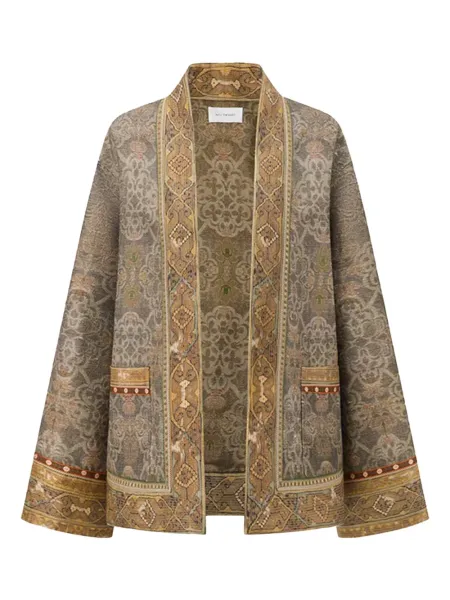 Women Moss Green Tone-on-Tone Printed Tussah Silk Open-Front Jacket