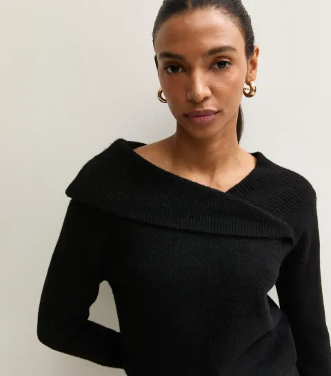 New Look Women's Black Wrap Over Bardot Neck Jumper