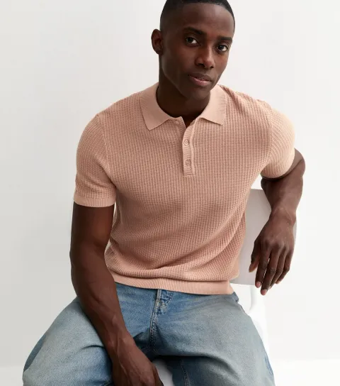 Men's Light Pink Waffle Knit Regular Polo Top
